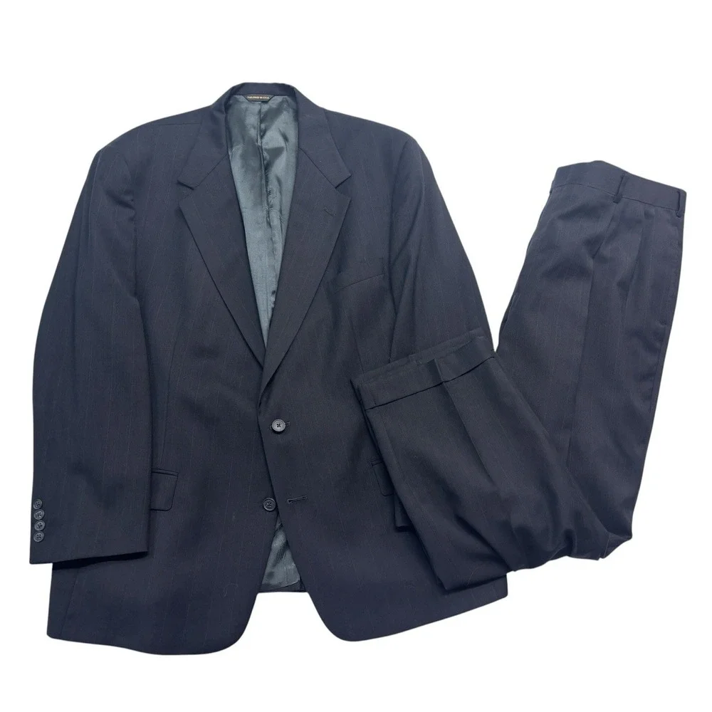 vtg 90s Austin‎ Reed 48R 40x30 Navy Blue Stripe 2pc Pant Suit Wool USA Pleated